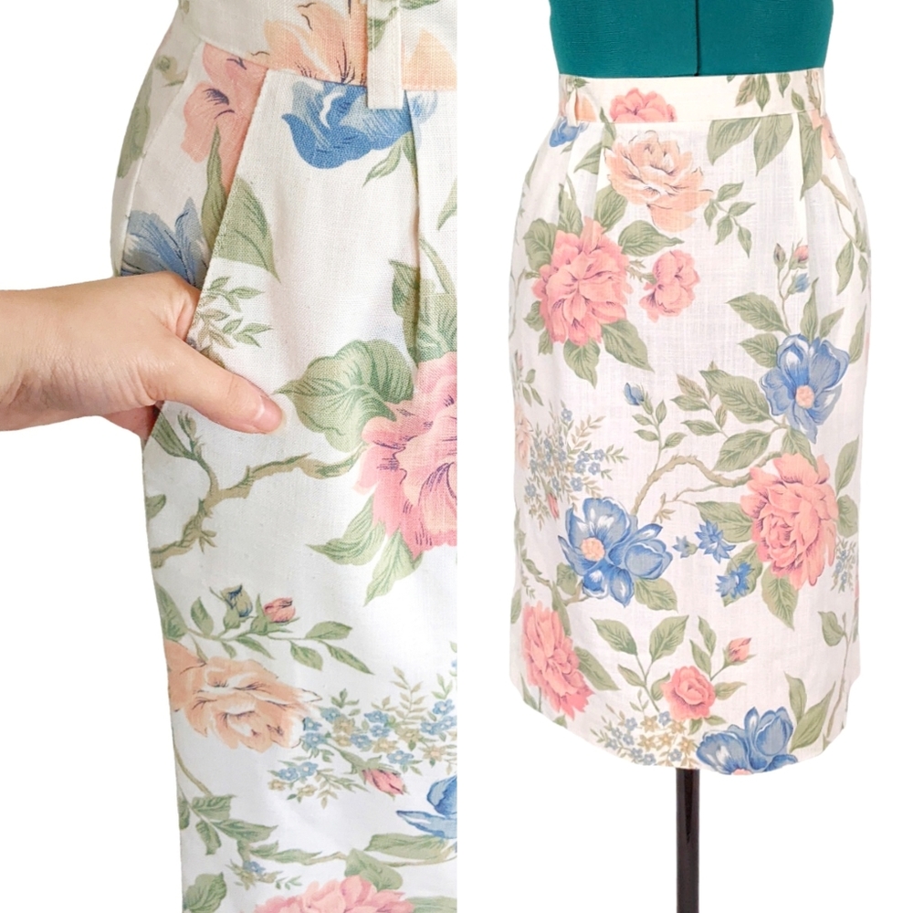 1980s Embroidered Cape Blouse Shirt & Floral Linen Skirt Set Jaclyn Smith Pink - Picture 4 of 10